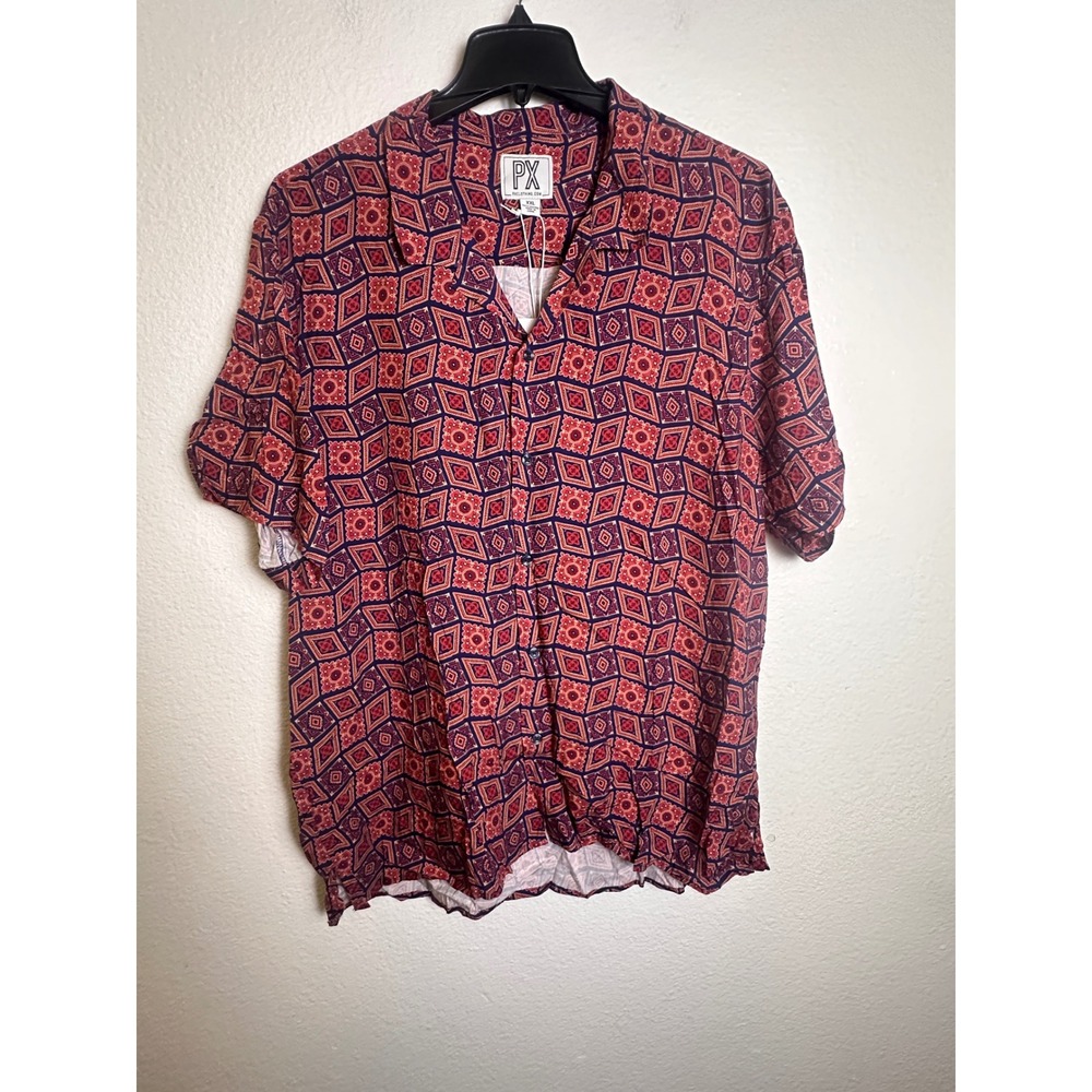 PX Clothing Mens XXL Red Geometric Diamond Print Viscose Short Sleeve Shirt NWT